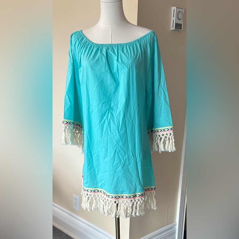 VELZERA Turquoise Off-Shoulder Dress/Cover up with Fringe size large - Picture 5 of 8